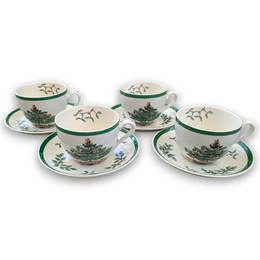 4 Sets Vintage Spode Christmas Tree Coffee Tea Cups + Saucers England Lot